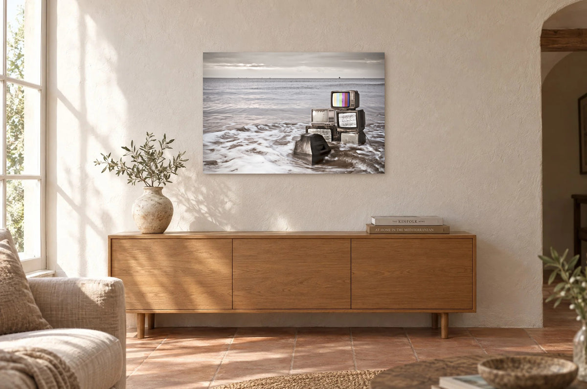 Television Project No. 09 — Salvage — photo print shown on a wall in a Mediterranean living room