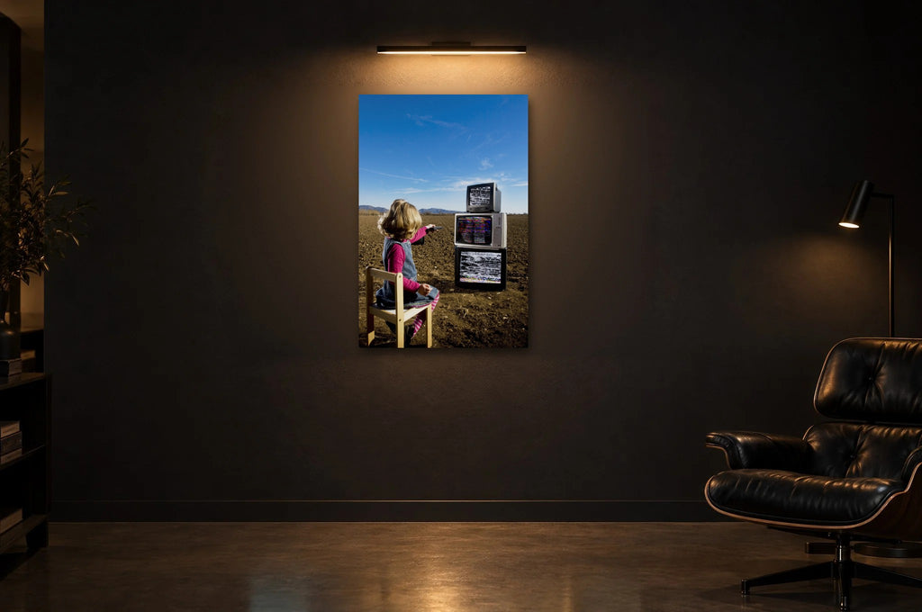 Television Project No. 11 — Remote Control — photo print shown in a dark gallery room under a picture light