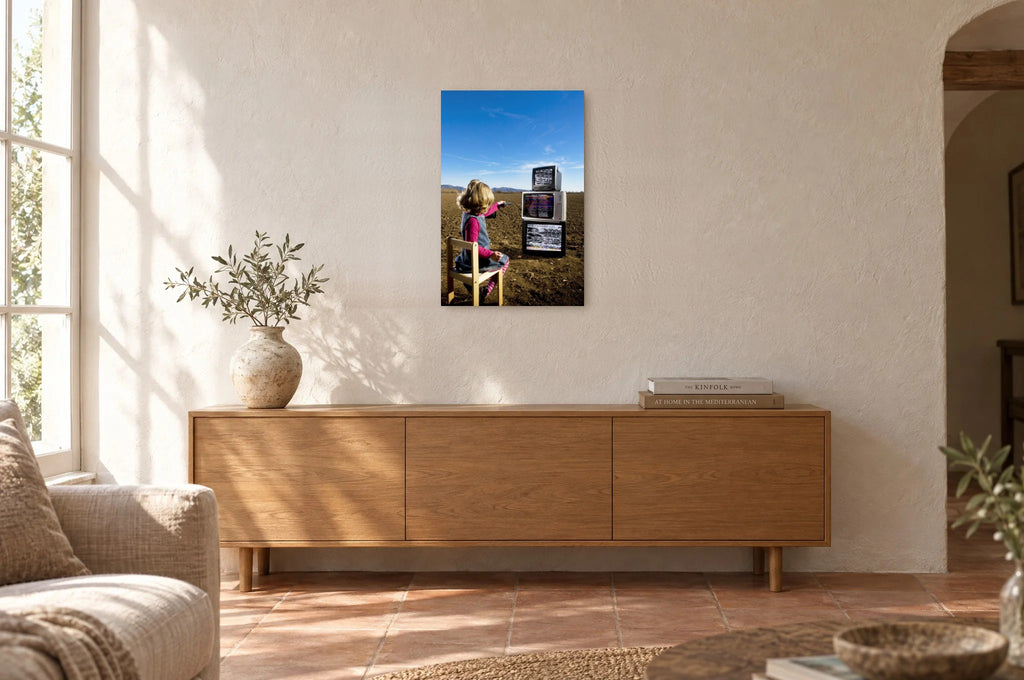 Television Project No. 11 — Remote Control — photo print shown on a wall in a Mediterranean living room